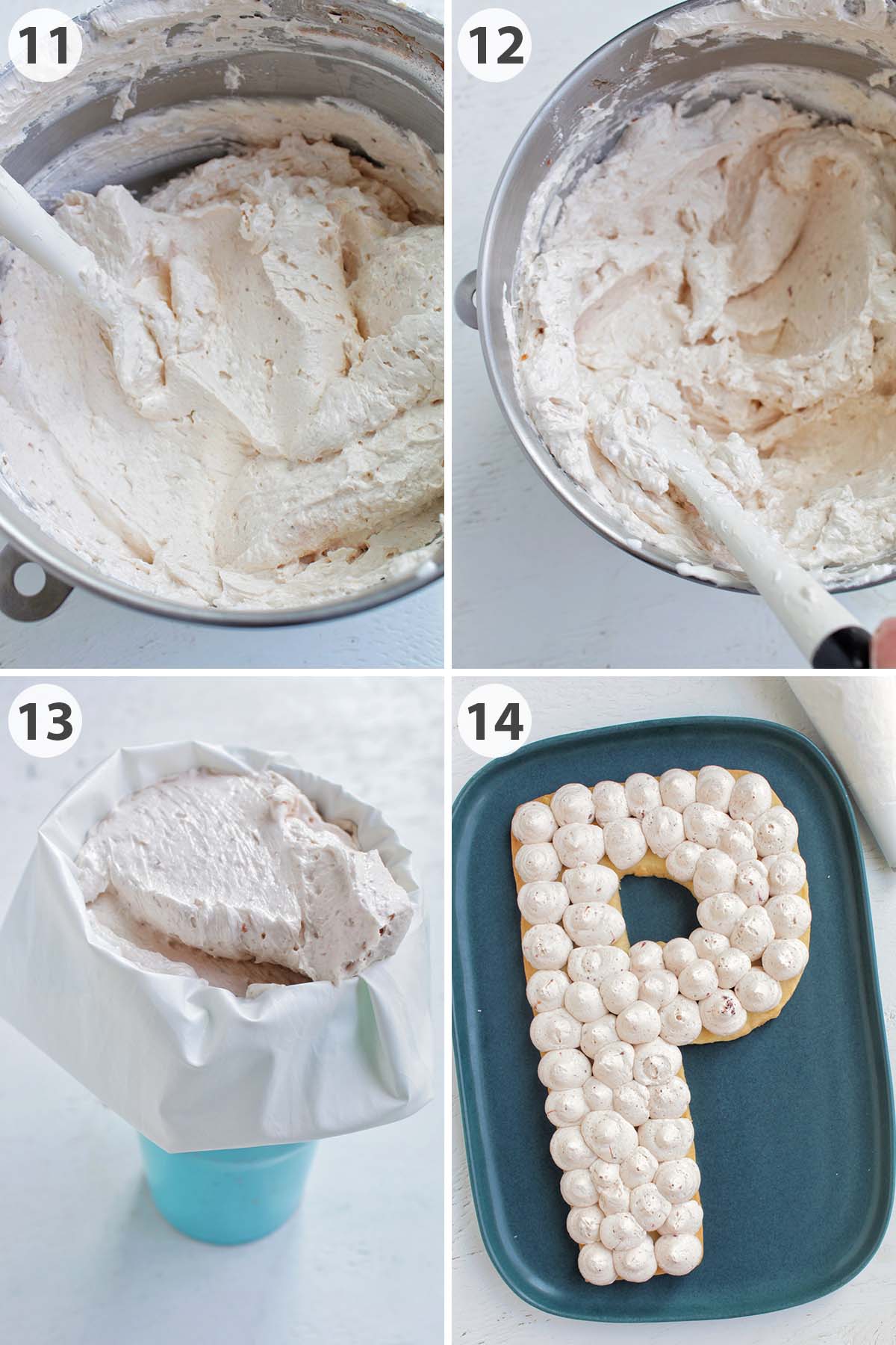 four numbered photos showing how to finish and pipe strawberry swiss meringue buttercream.