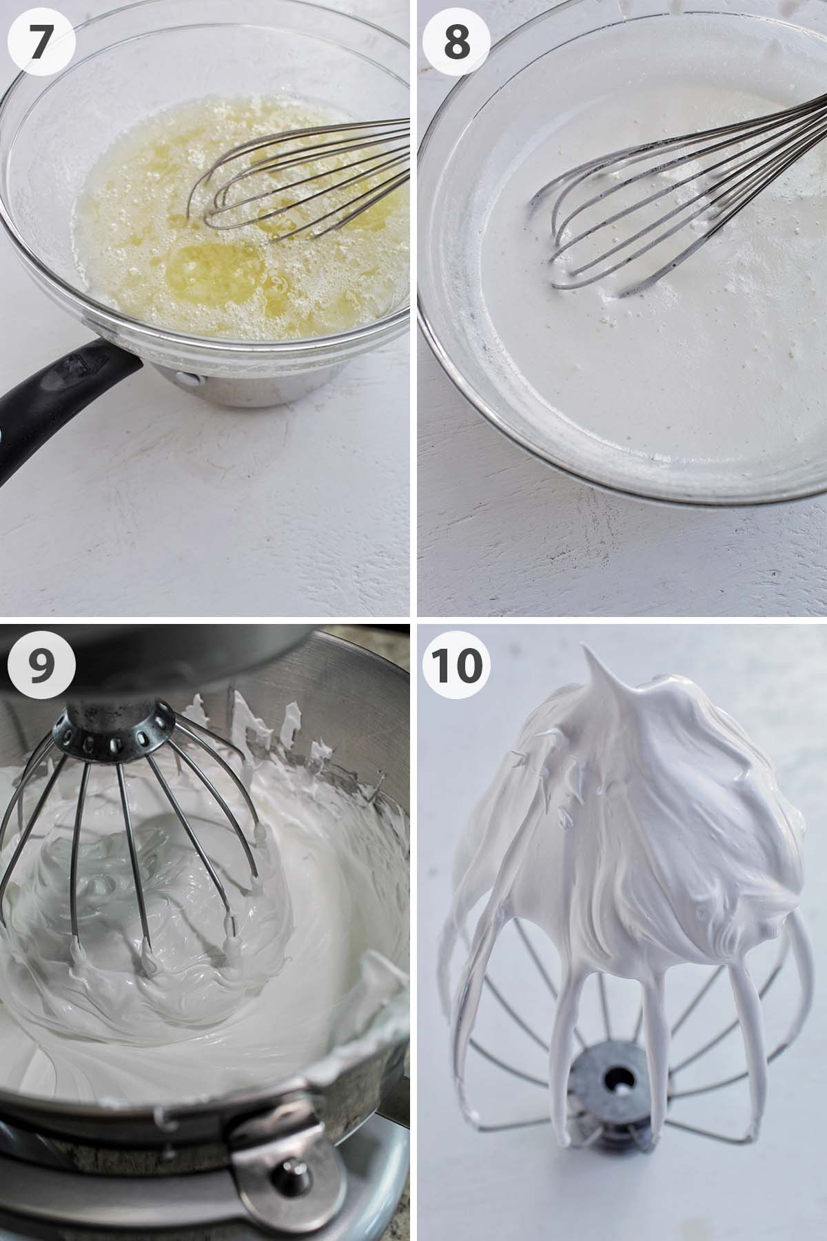 four numbered photos showing how to make swiss meringue buttercream.