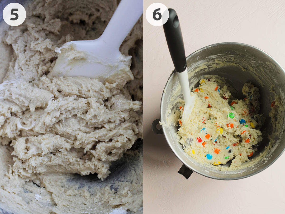 two numbered photos showing how to mix M&M's into cookie dough.