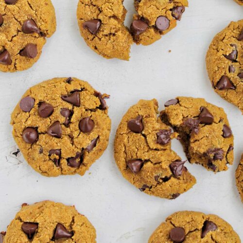 pumpkin cookies topped with chocolate chips.