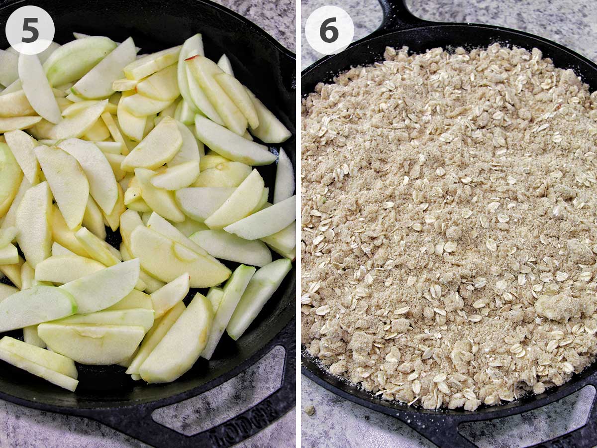 two numbered photos showing how to layer apple crisp in a cast iron skillet.