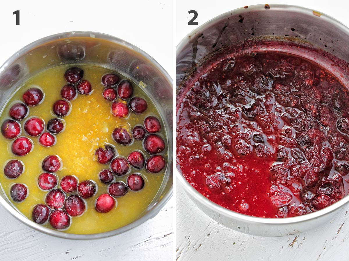 two numbered photos showing how to make cranberry sauce.