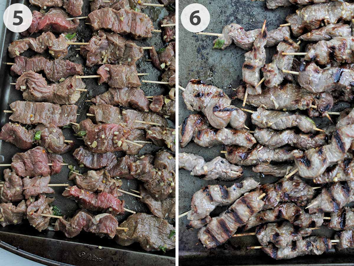 two numbered photos showing raw and cooked beef brochettes.