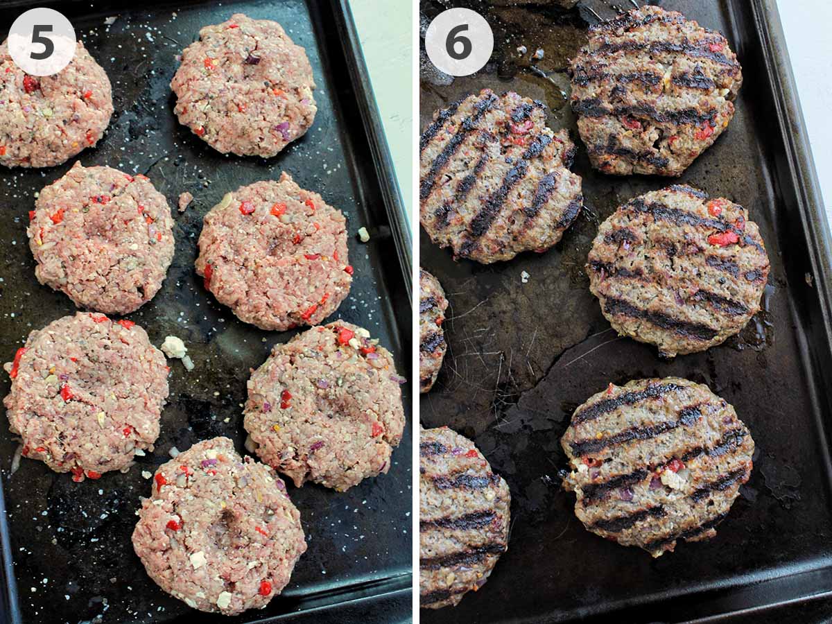 two numbered photos showing raw and grilled feta burger patties.