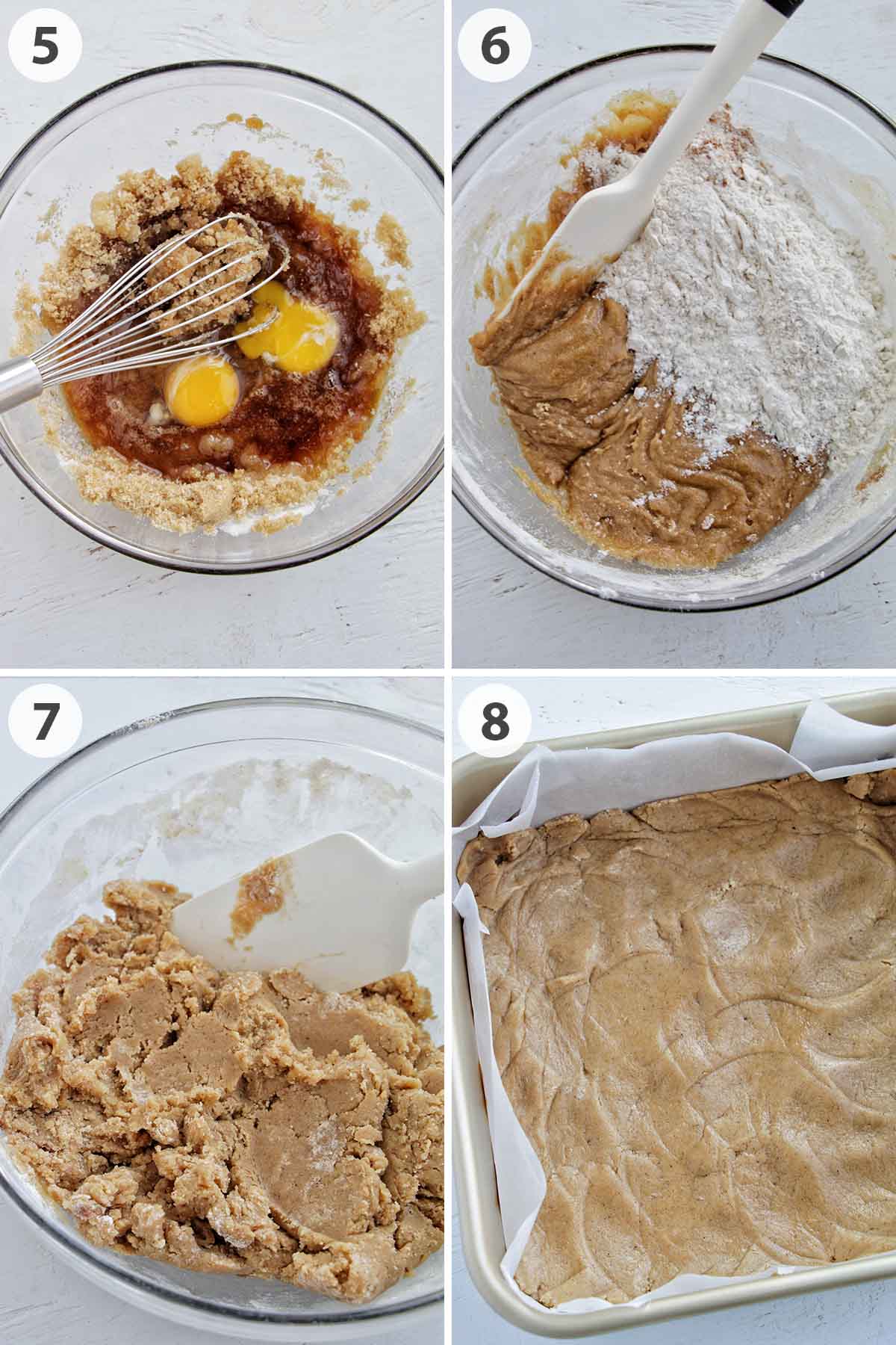 four numbered photos showing how to make blondies dough.