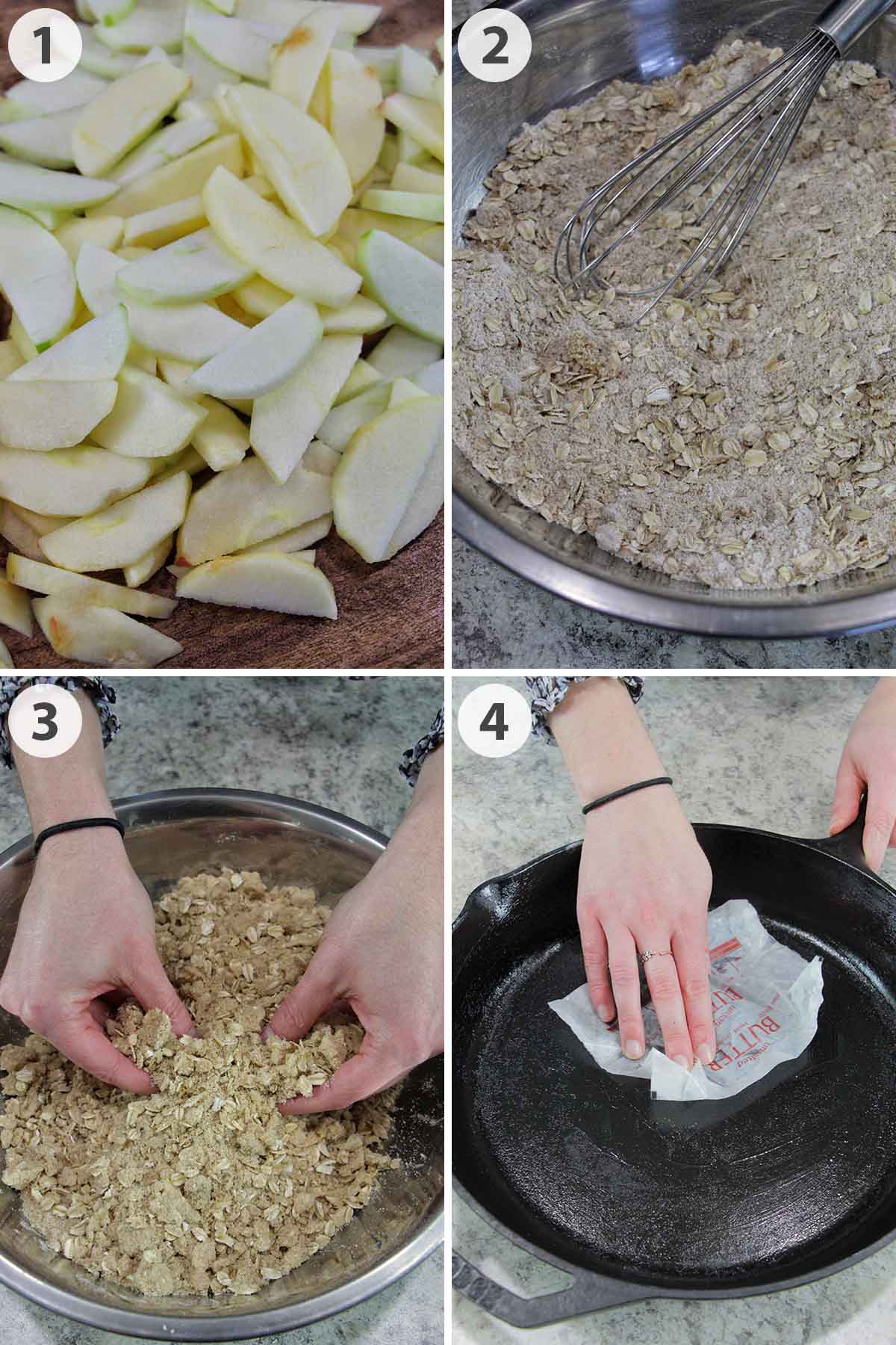 four numbered photos showing how to make the components of an apple crisp.