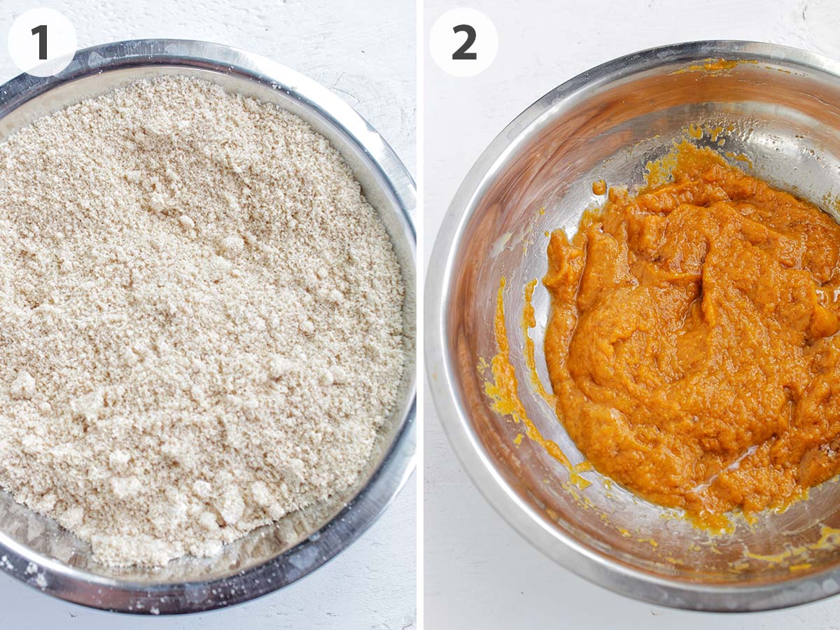 two numbered photos showing dry and wet ingredients for pumpkin cookies.