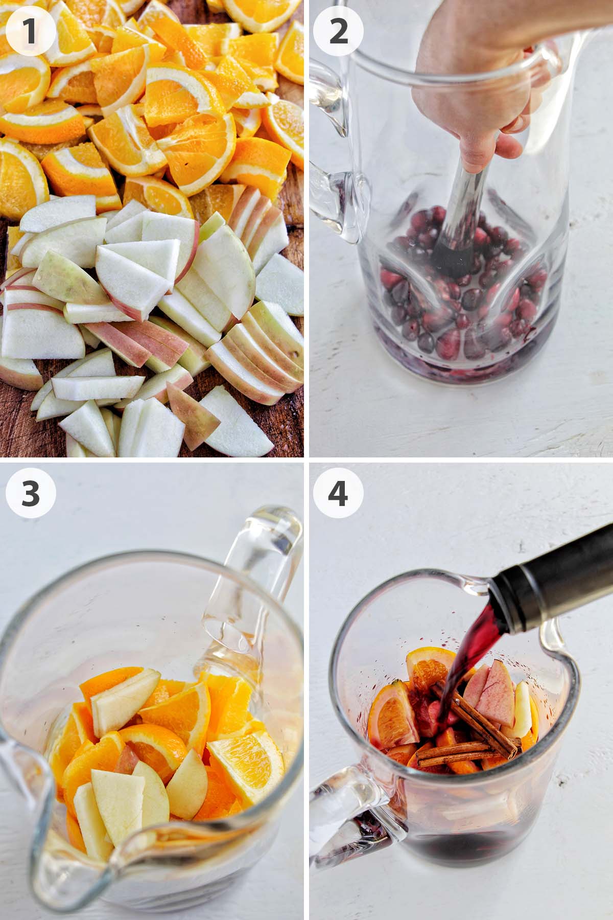 four numbered photos showing how to make red wine sangria.