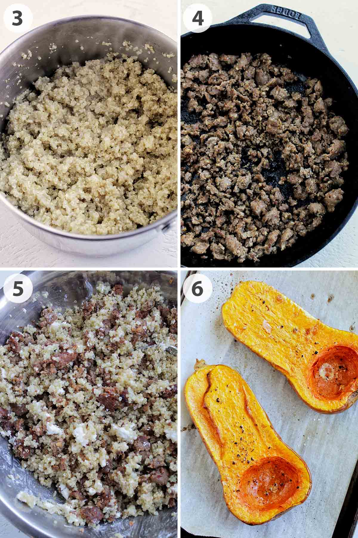 four numbered photos showing how to make stuffed butternut squash.