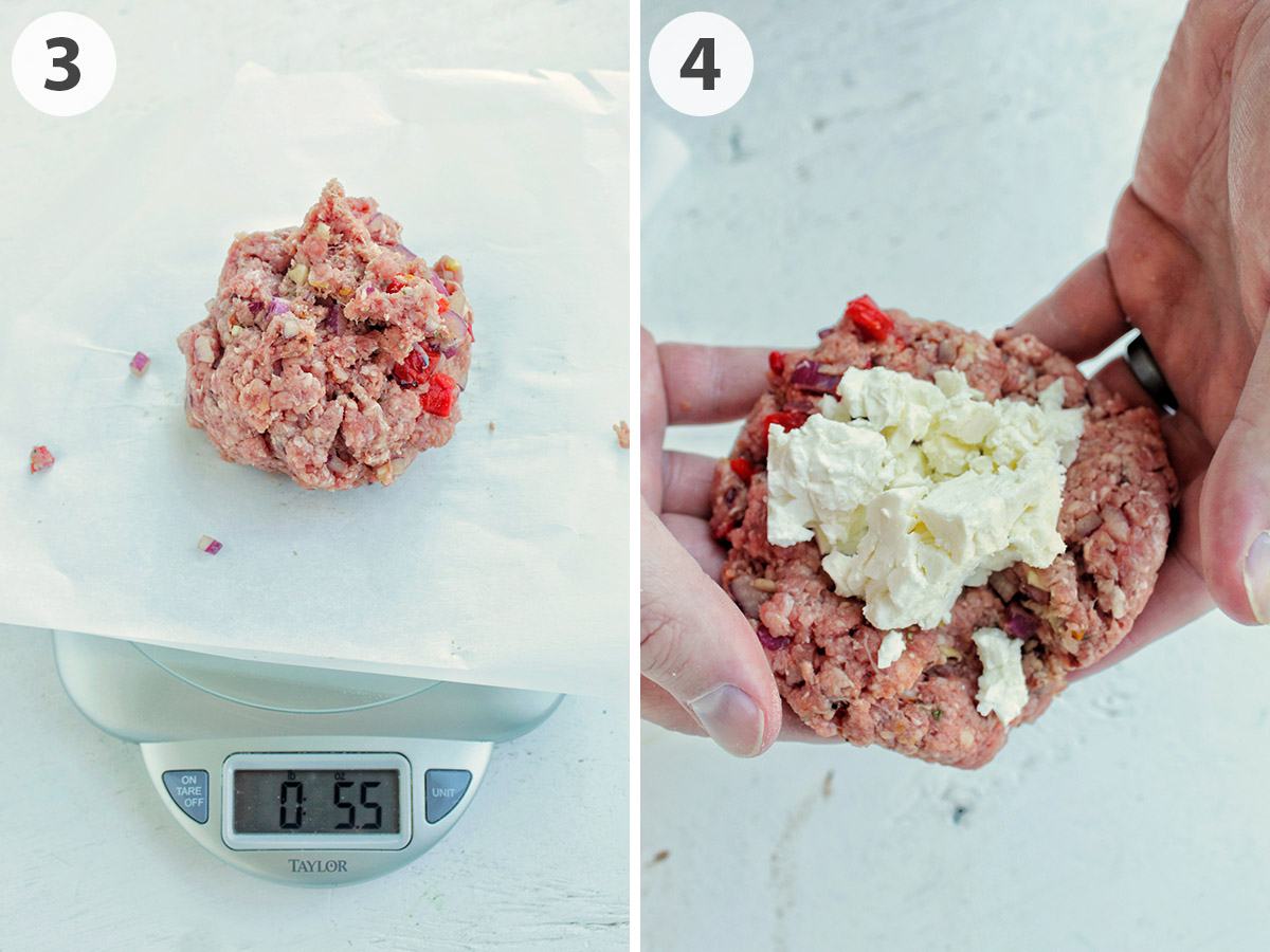 two numbered photos showing how to measure and stuff feta burgers.
