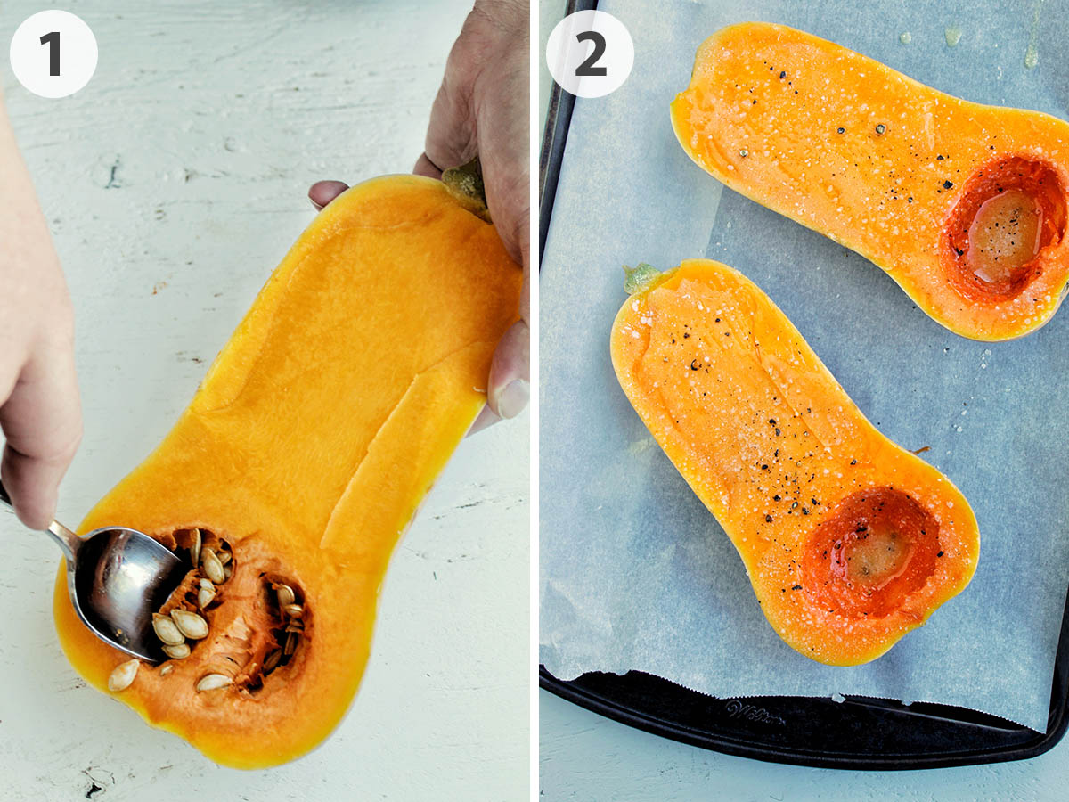 two numbered photos showing how to cut and roast butternut squash.
