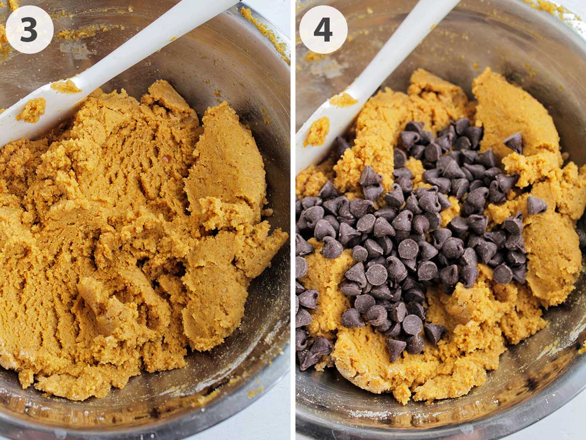 two numbered photos showing how to make pumpkin breakfast cookie dough.