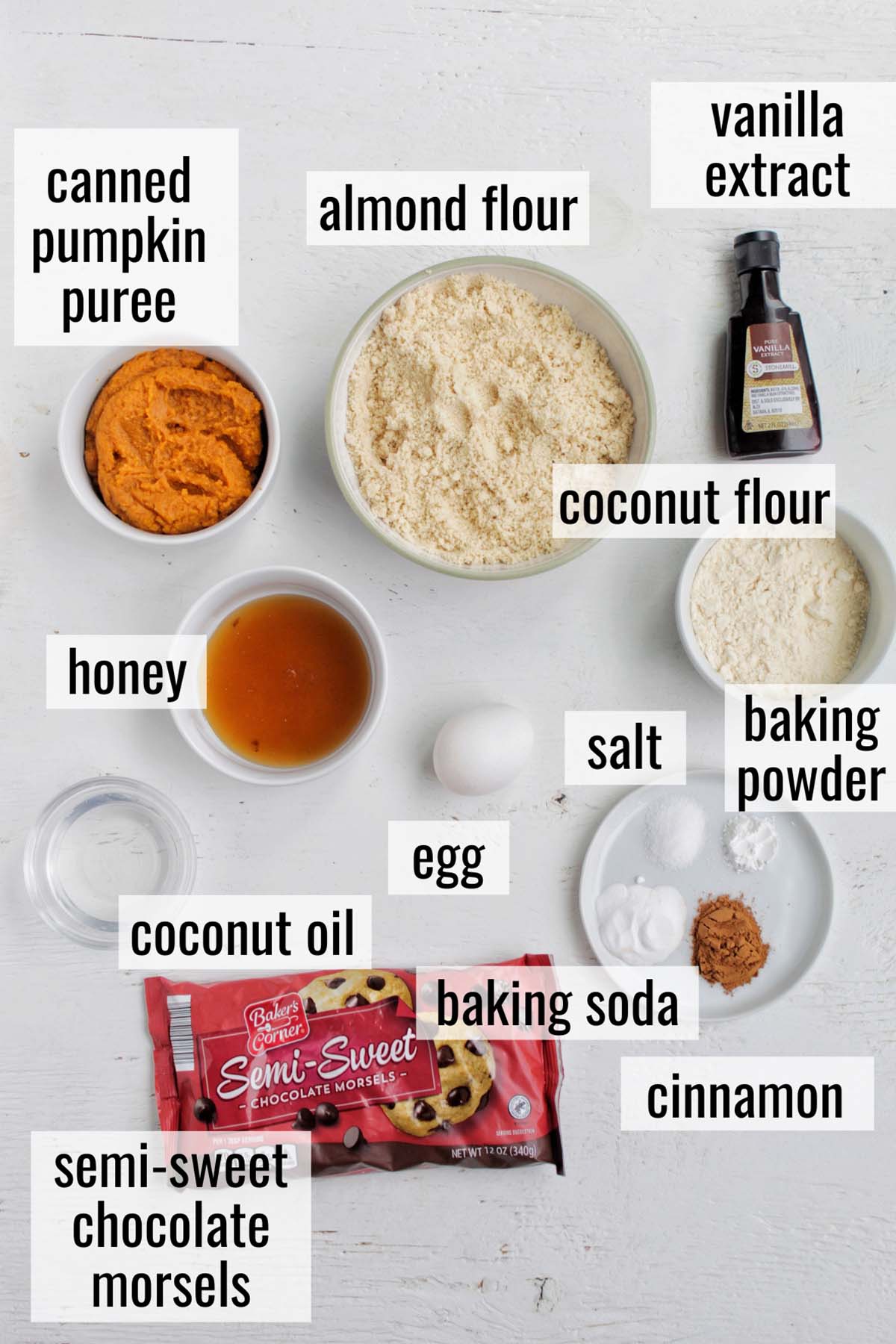 labeled ingredients for pumpkin chocolate cookies.