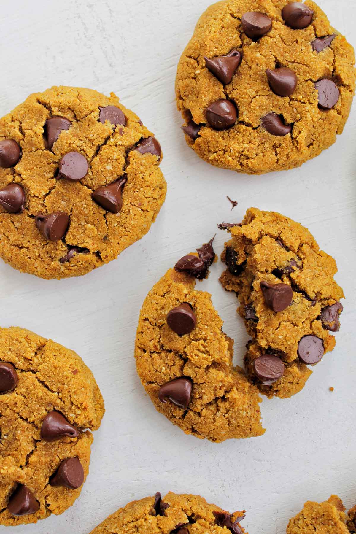 pumpkin cookies topped with chocolate chips.