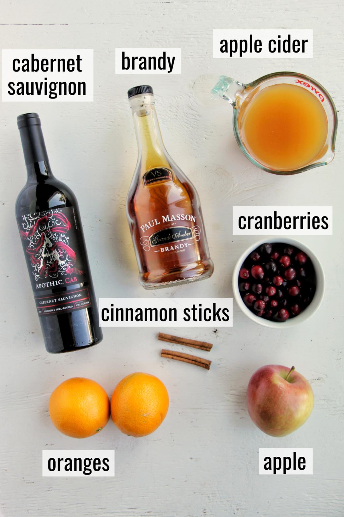 red wine sangria ingredients with labels.