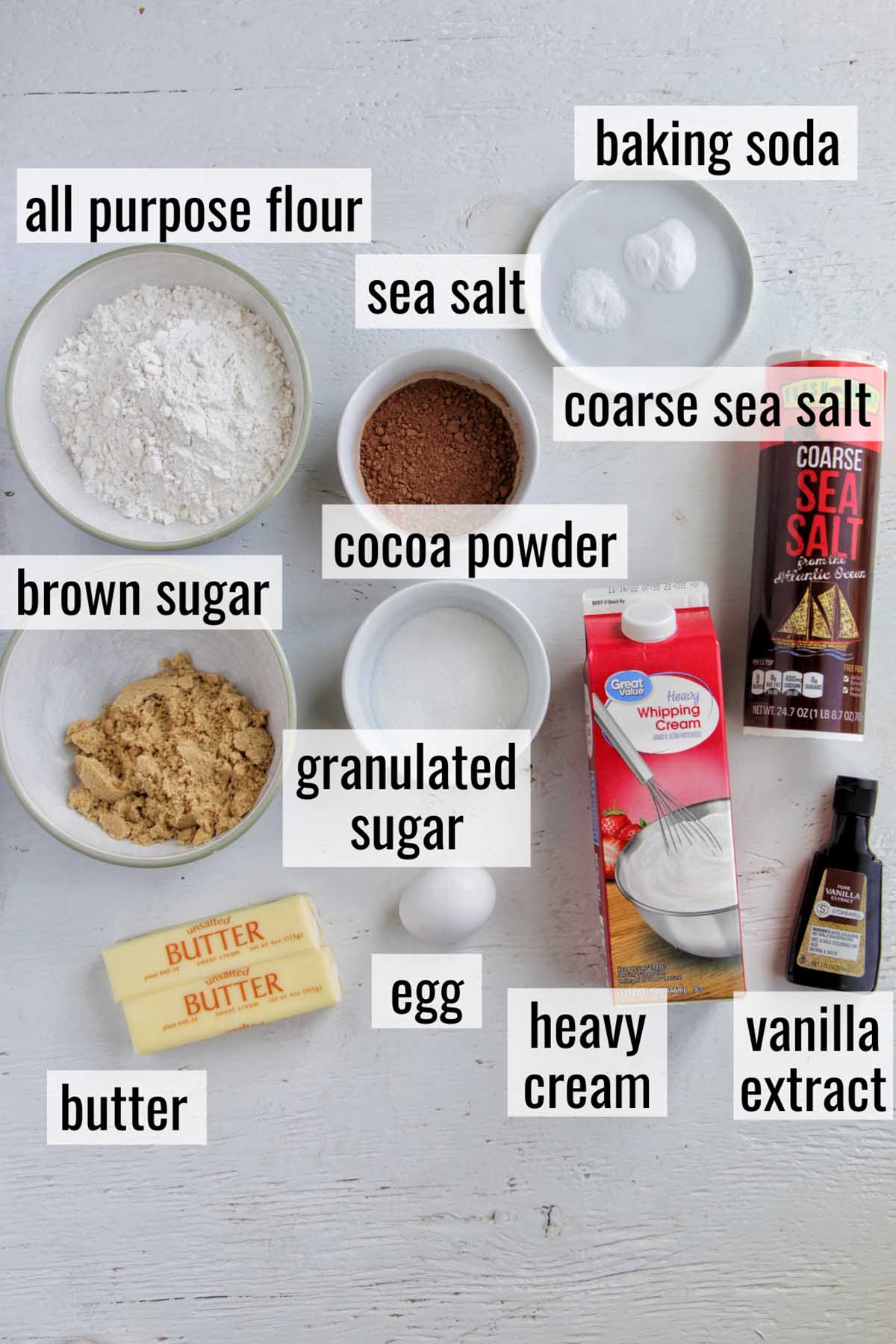 salted caramel thumbprint cookie ingredients with labels.