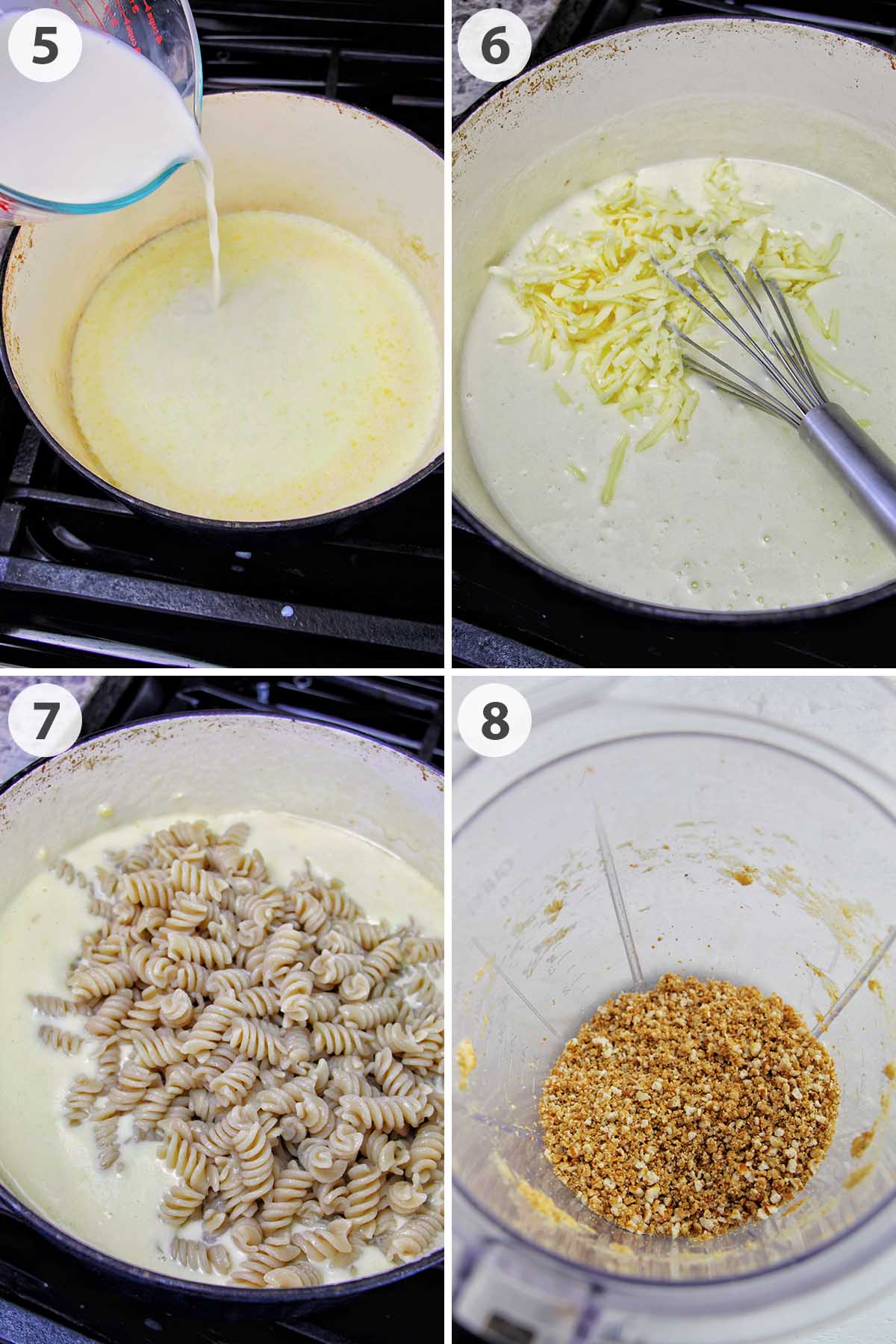 four numbered photos showing how to make homemade macaroni and cheese.