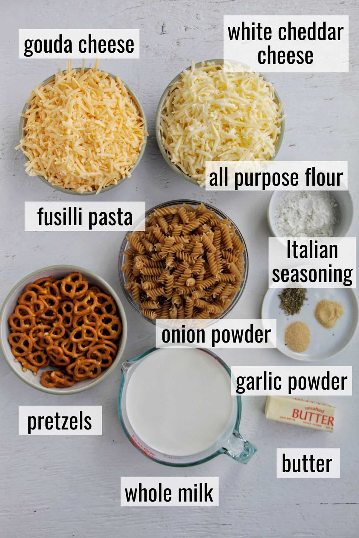 white cheddar macaroni and cheese ingredients with labels.