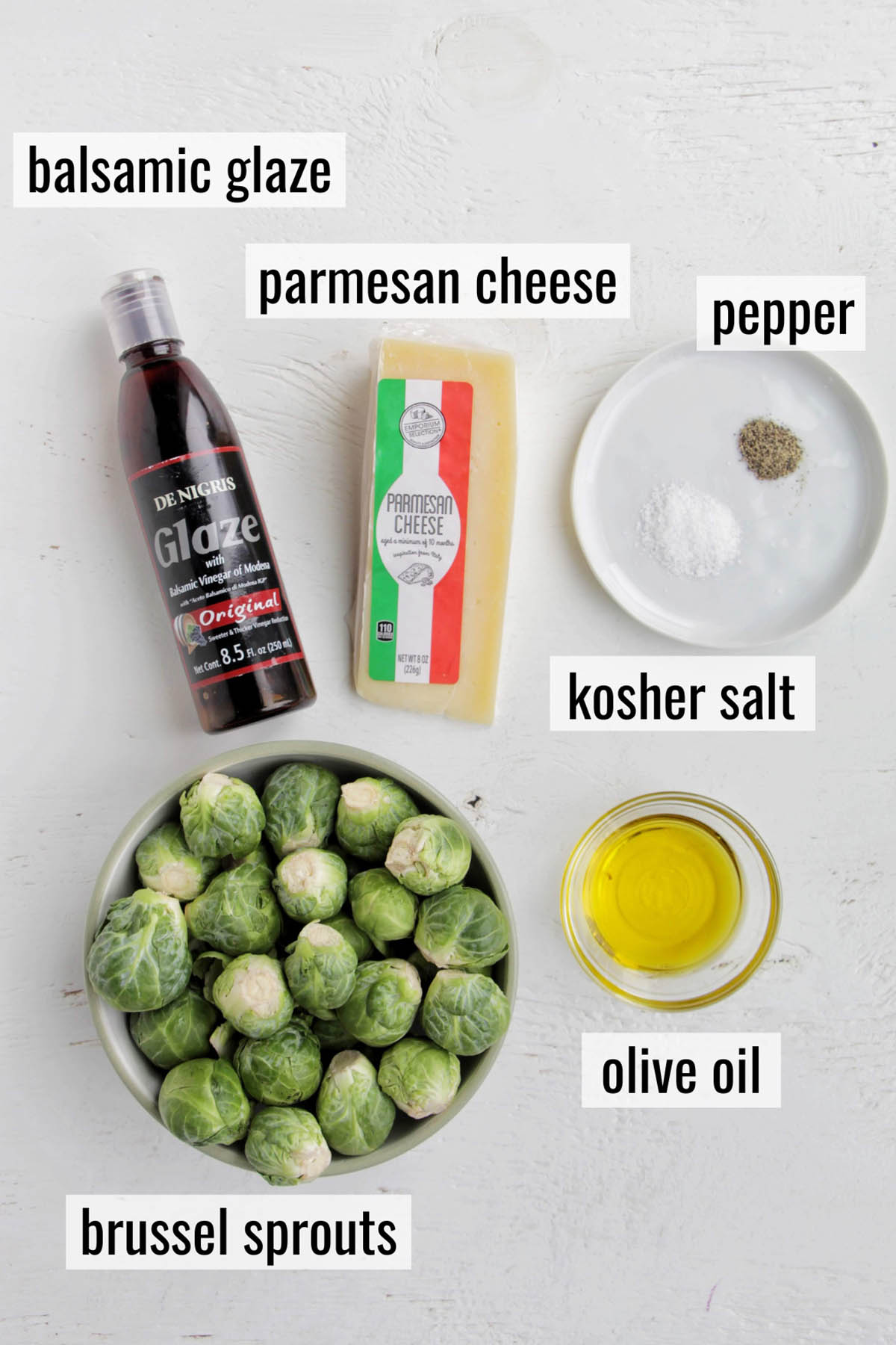 balsamic glazed oven roasted brussel sprout ingredients with labels.