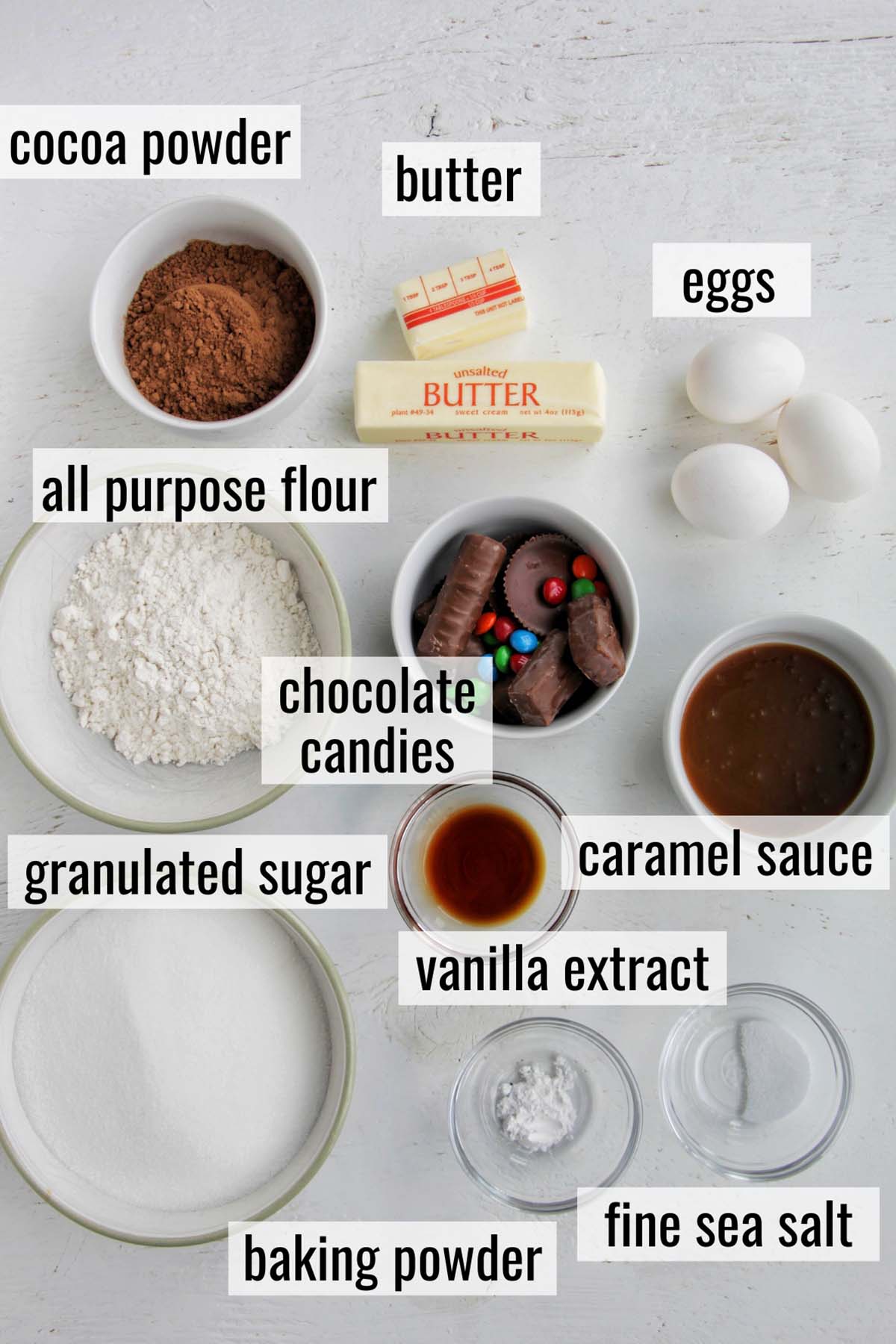 caramel skillet brownie ingredients with labels.