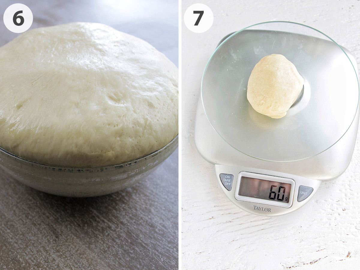 two numbered photos showing risen challah dough and how to portion the dough.