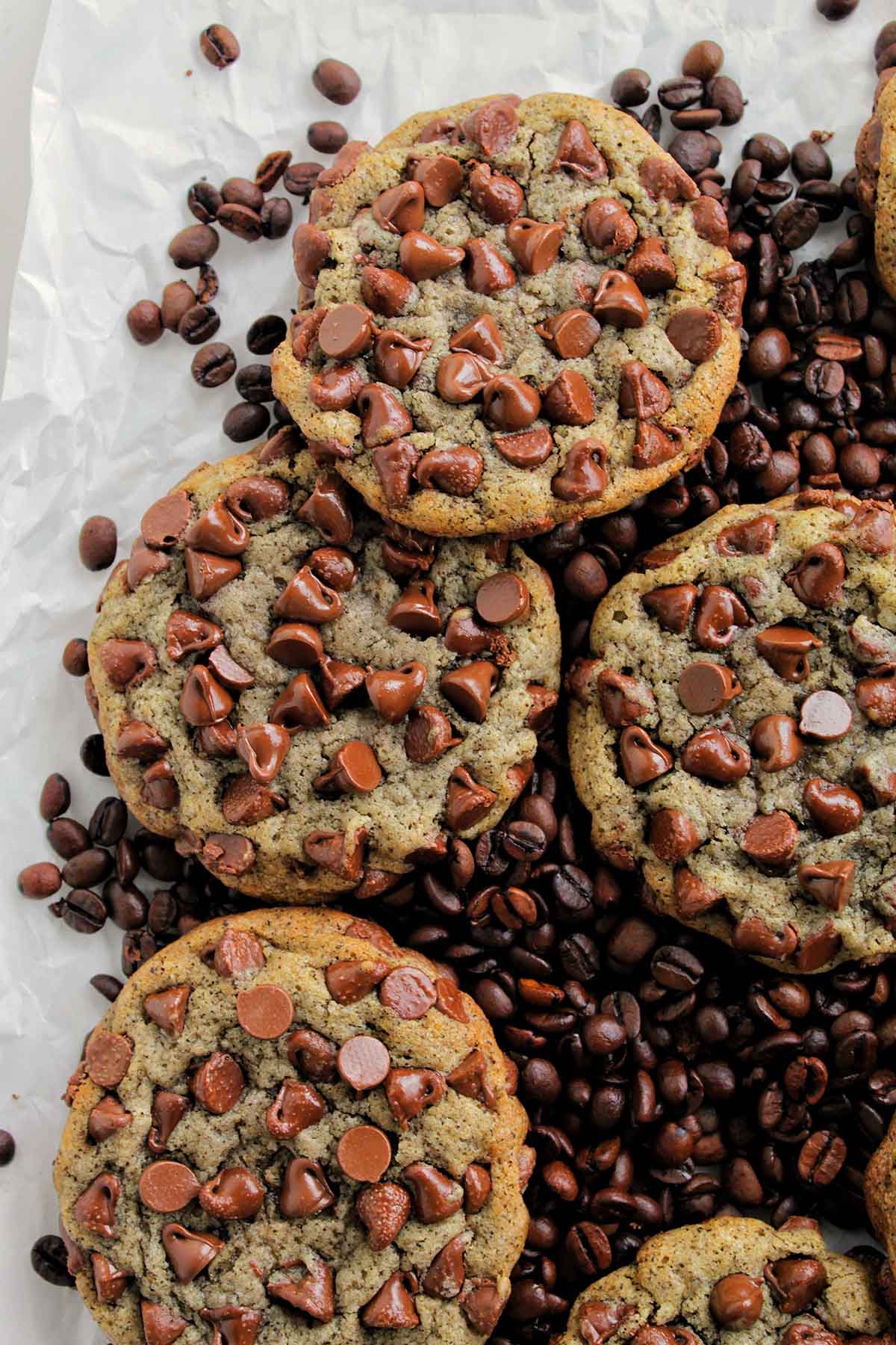 multiple chocolate chip cookies laying on coffee beans.