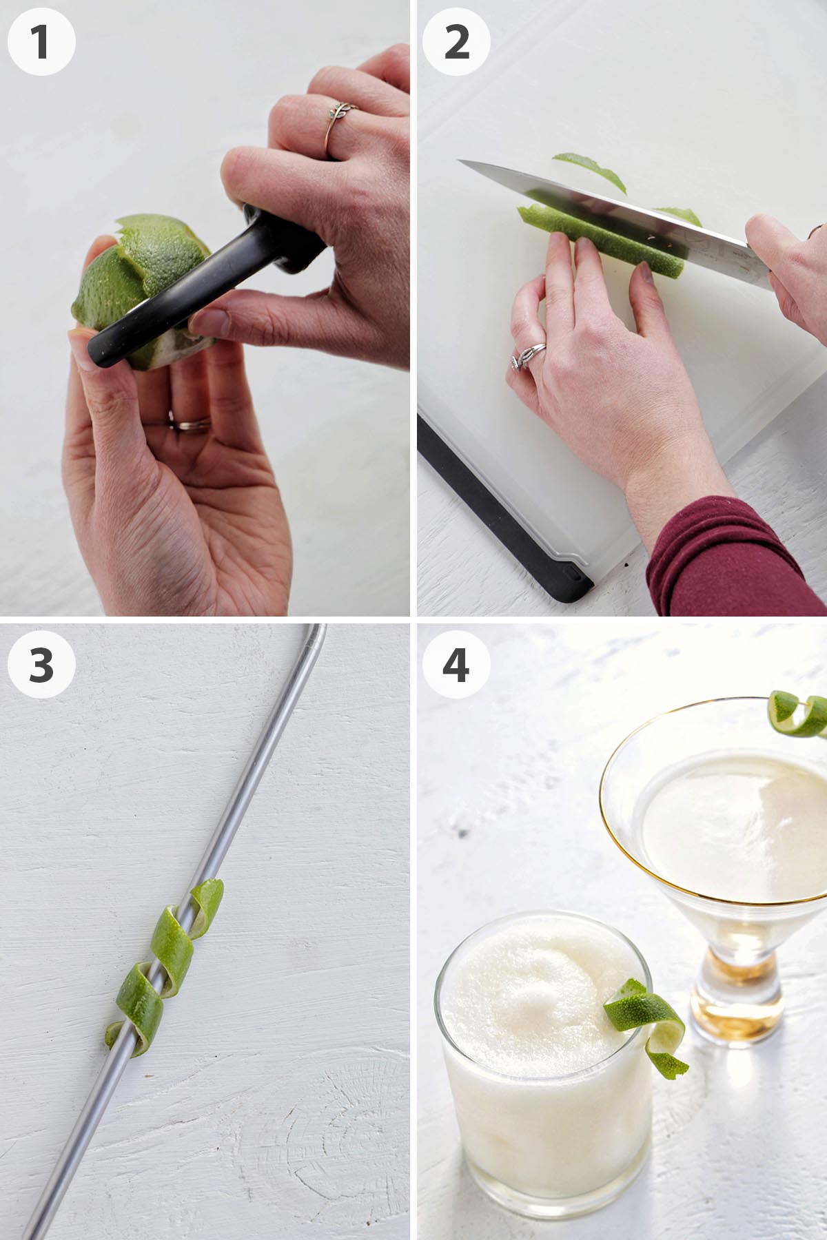 four numbered photos showing how to make a twisted lime garnish.