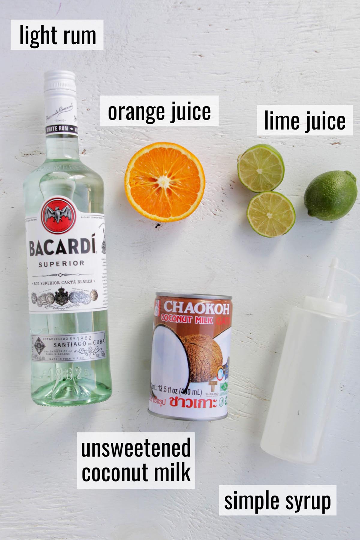 coconut daiquiri ingredients with labels.