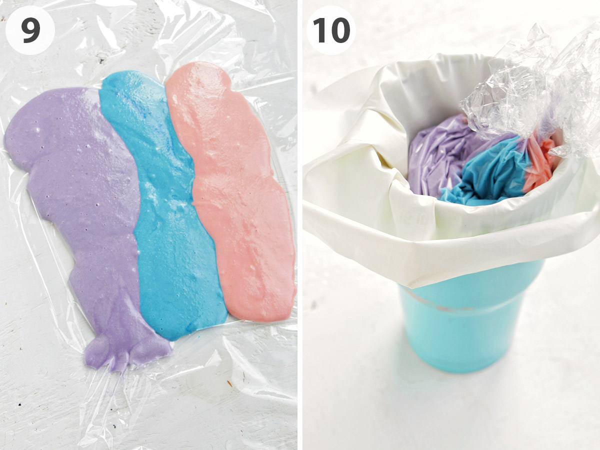 two numbered photos showing how to put tie dye macaron batter in a piping bag.