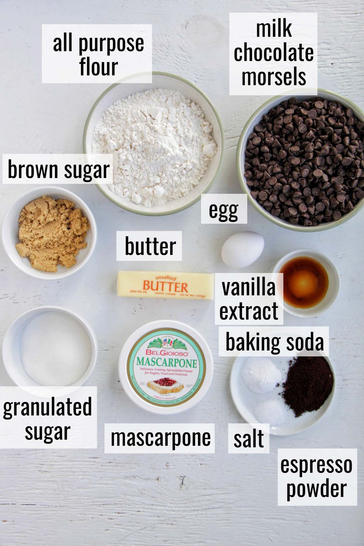 espresso chocolate chip cookie ingredients with labels.
