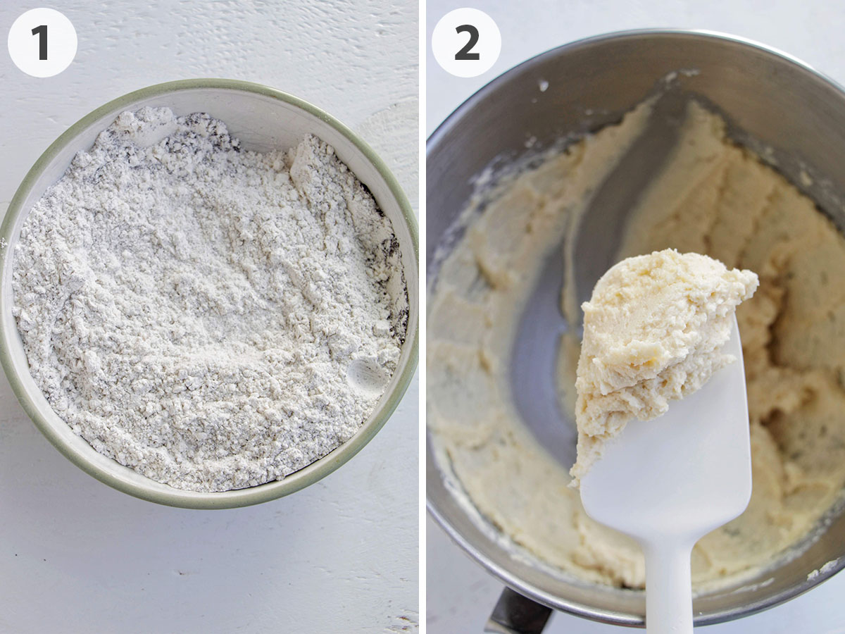 two numbered photos showing flour in a bowl and creamed butter.