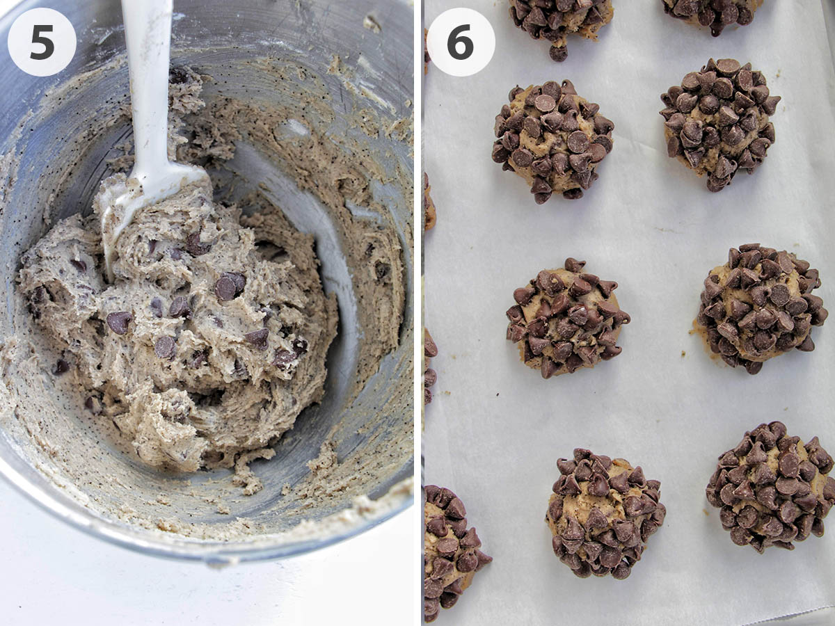 two numbered photo showing mixed espresso cookie dough and cookie dough balls rolled in chocolate chips.