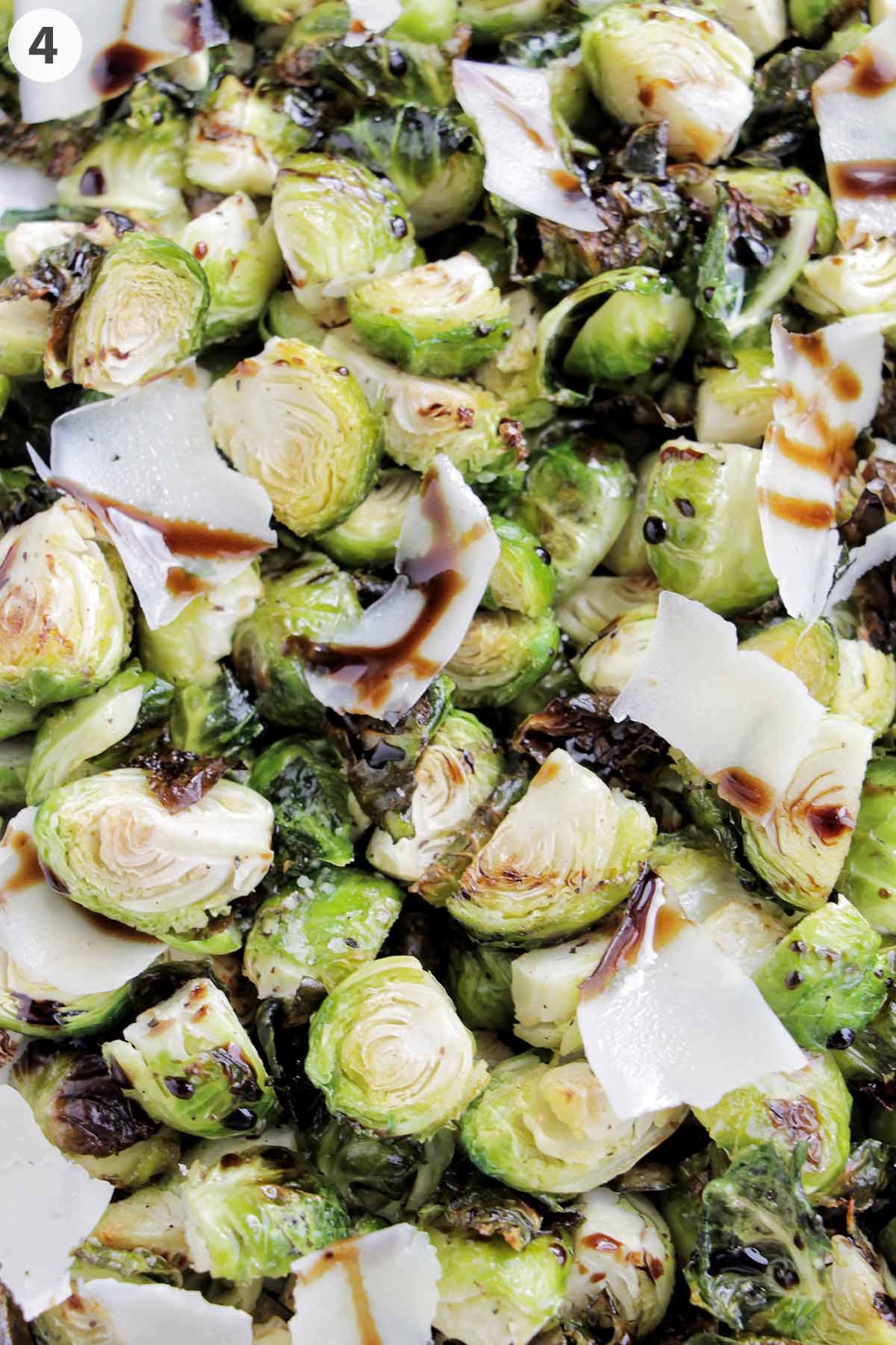 numbered photo showing brussel sprouts topped with balsamic glaze and parmesan cheese.