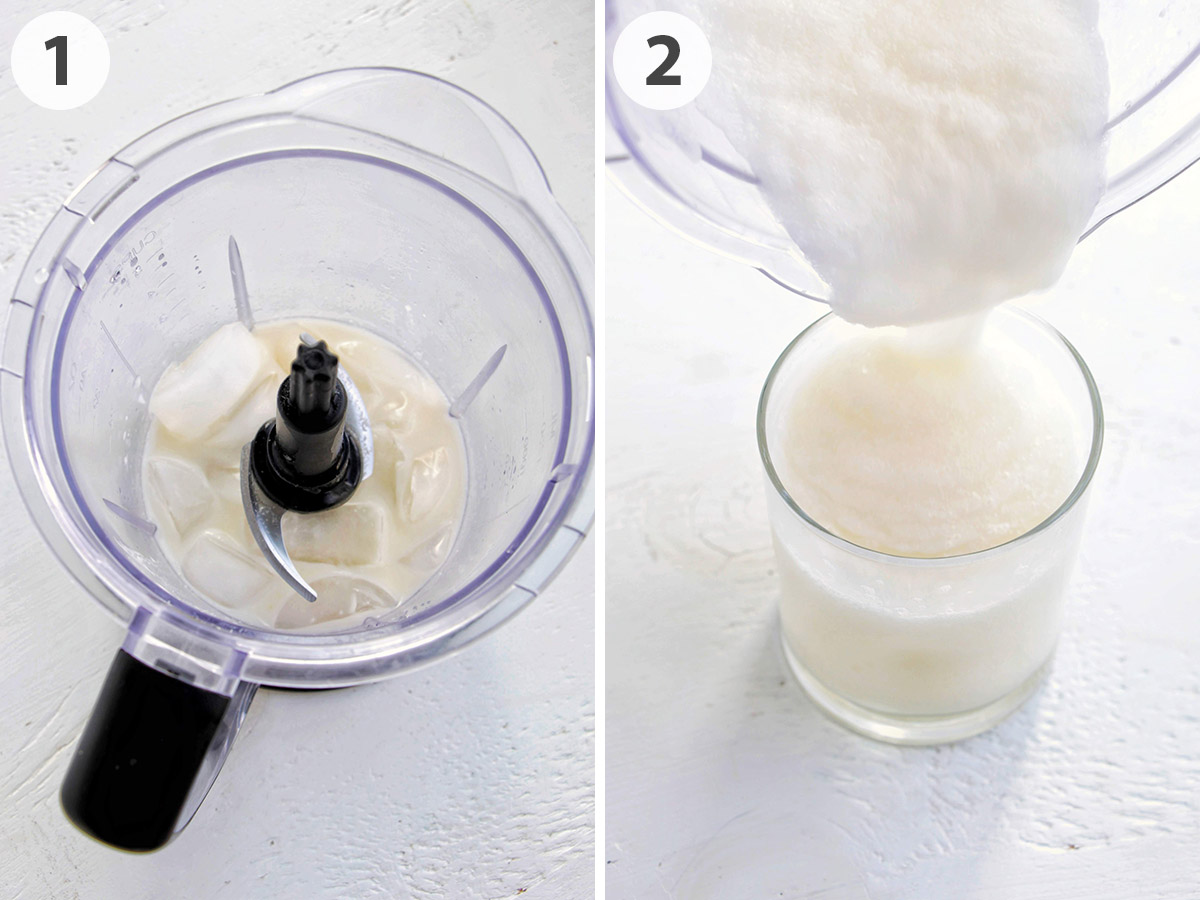 two numbered photos showing how to make a frozen coconut coconut daiquiri.