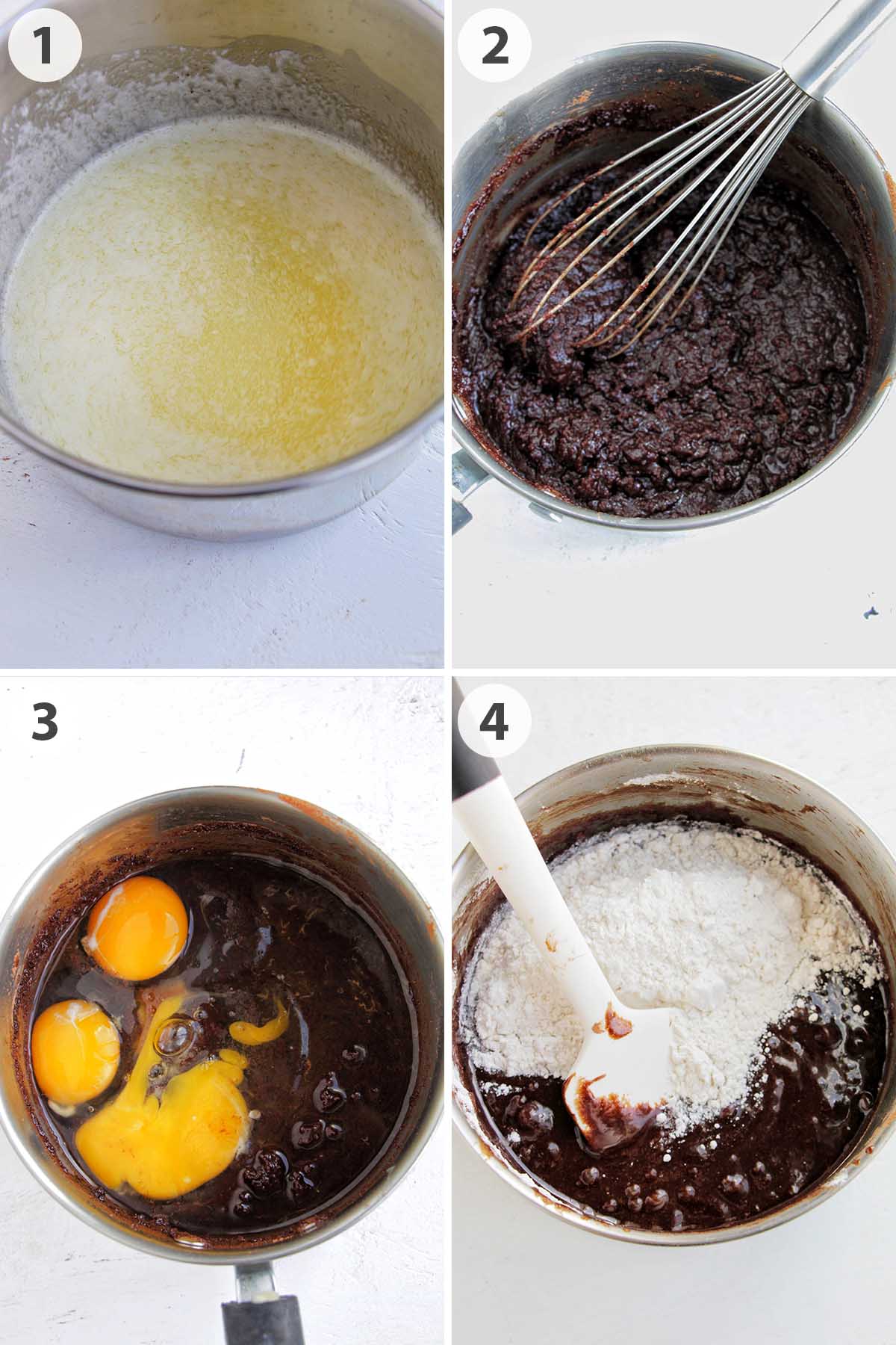 four numbered photos showing how to make brownie batter.