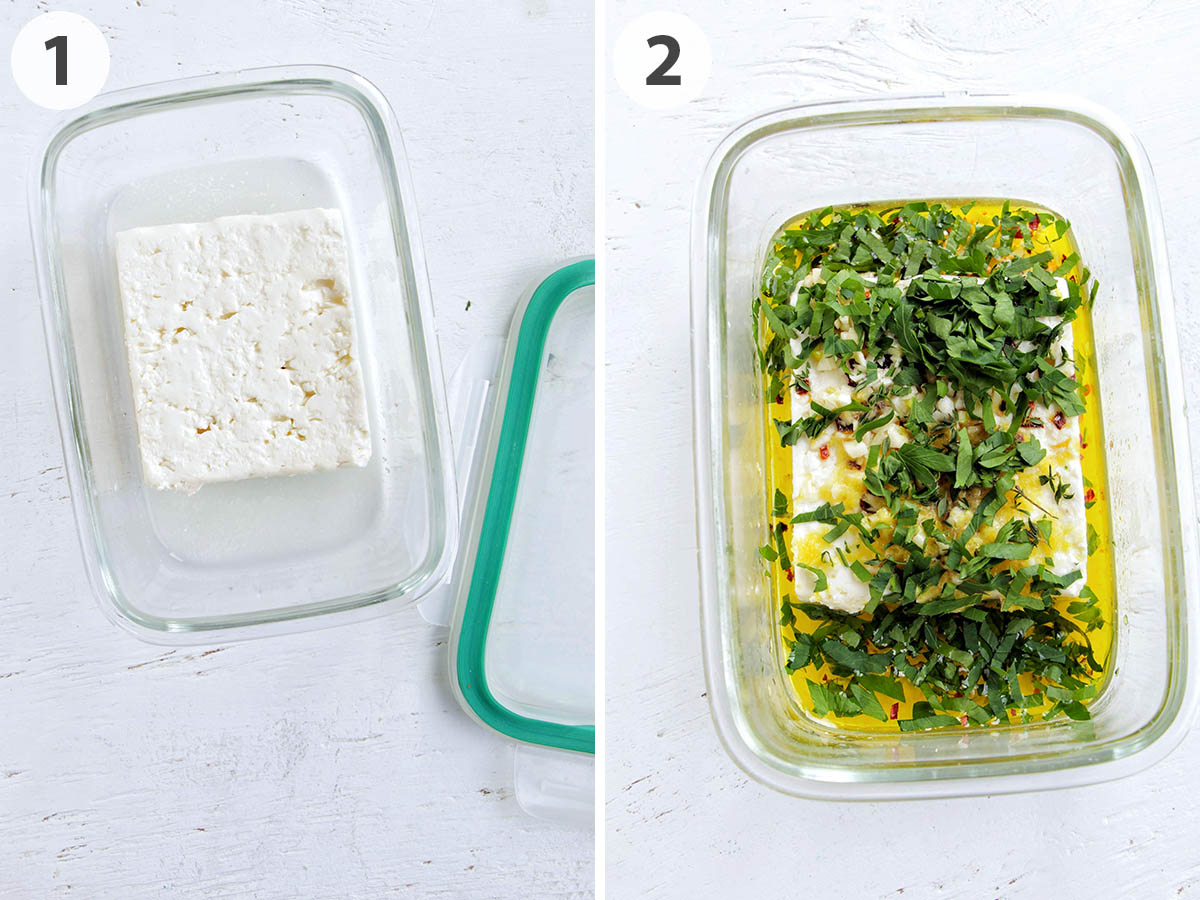 two numbered photos showing feta in a container and feta marinating with herbs and oil.