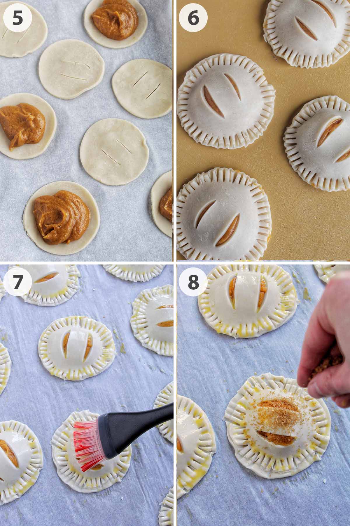 four numbered photos showing how to make sweet potato pocket pies.