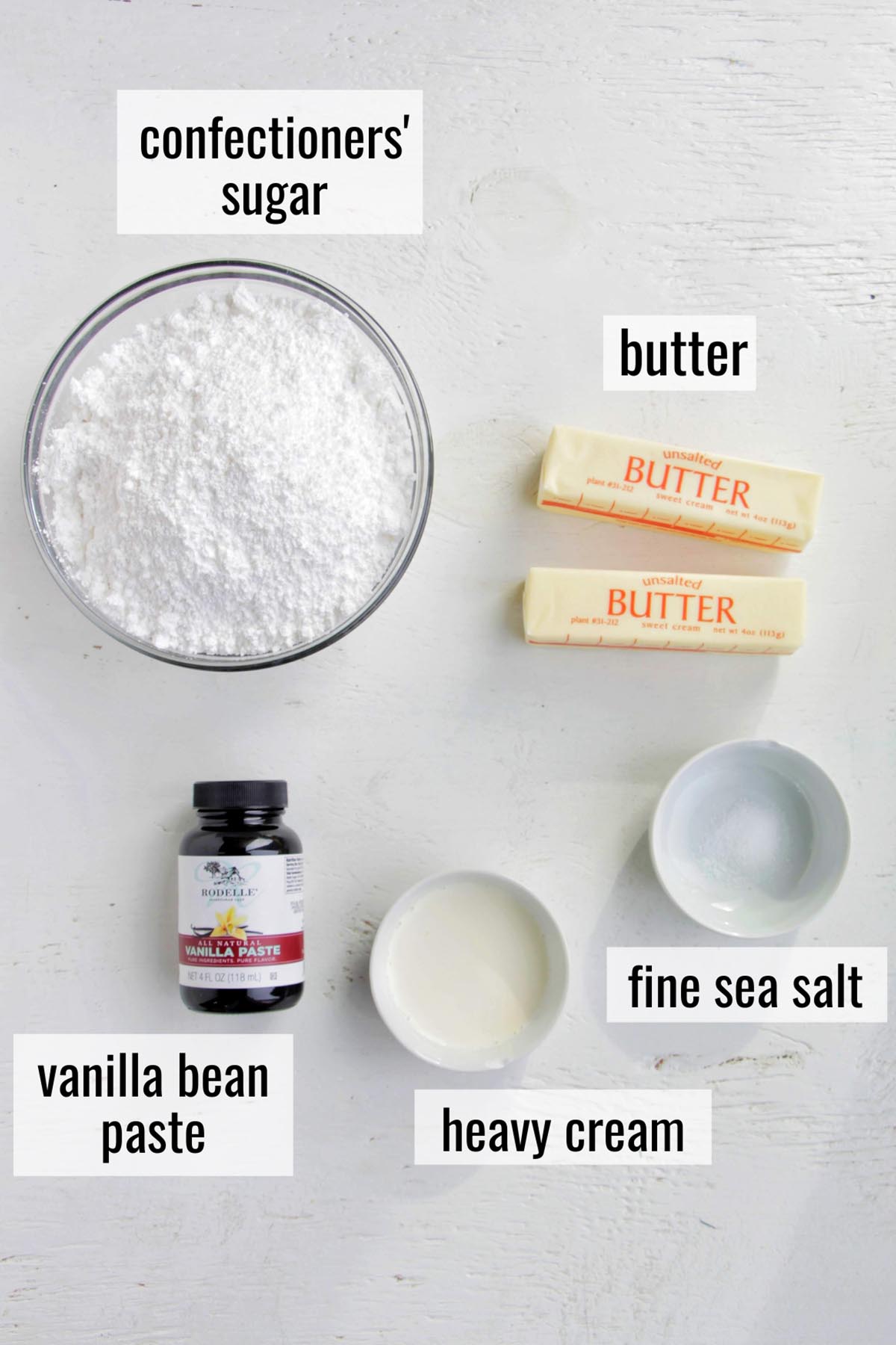buttercream ingredients with labels.