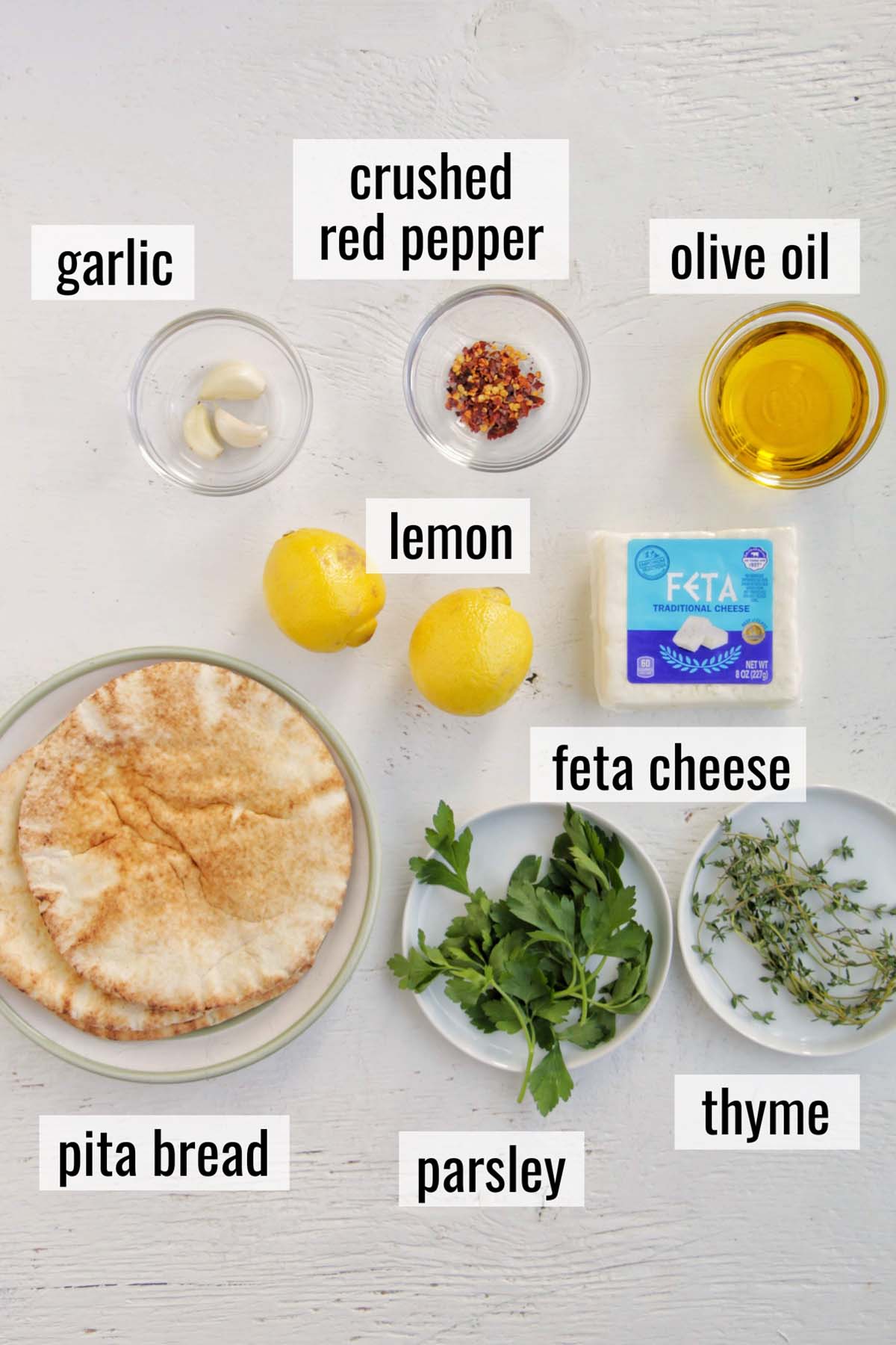 marinated feta cheese ingredients with labels.