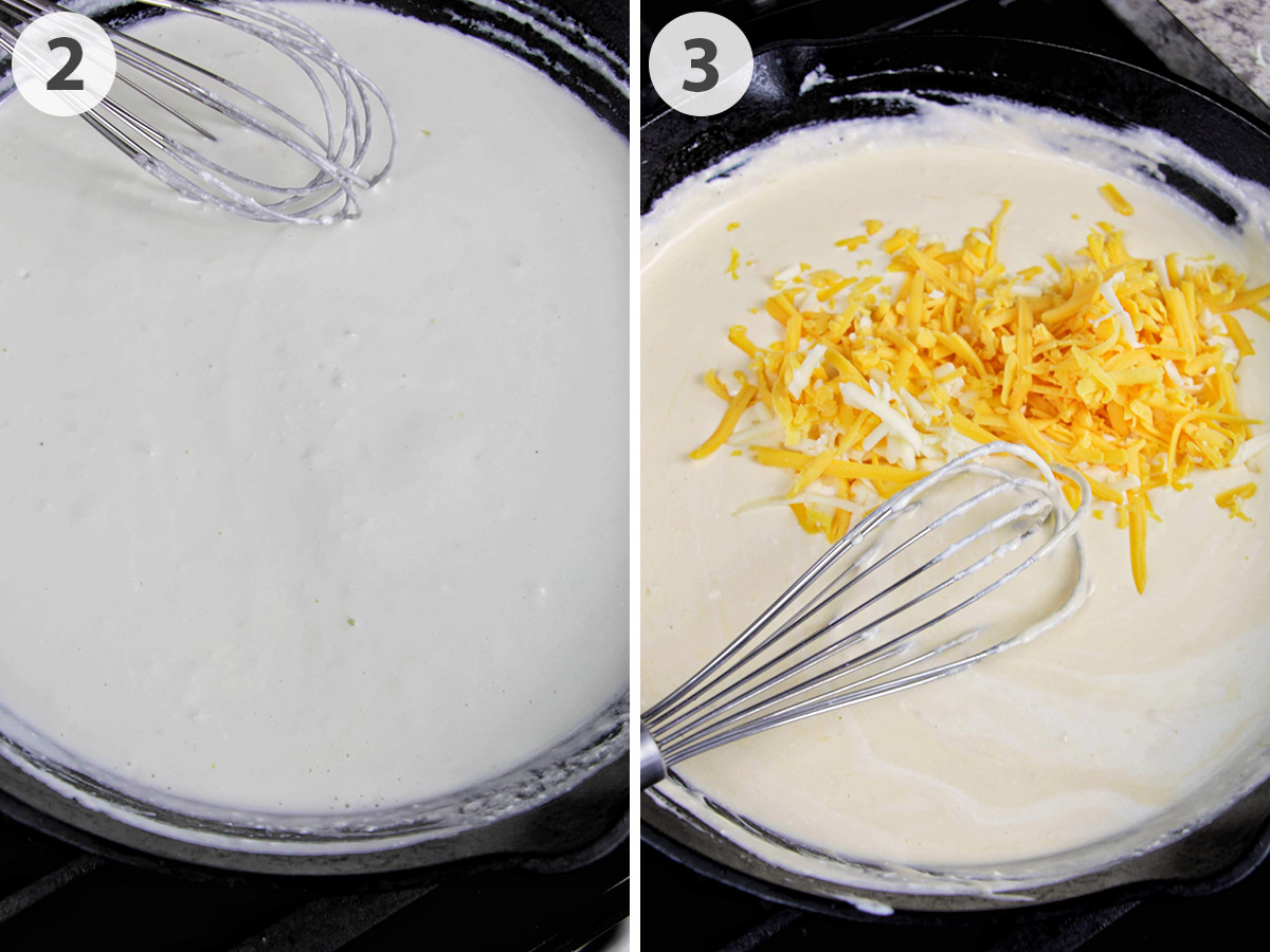 two numbered photos showing how to make queso in a cast iron skillet.