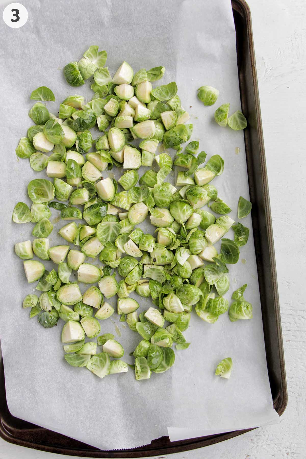 numbered photo showing brussel sprouts on a parchment lined baking sheet.