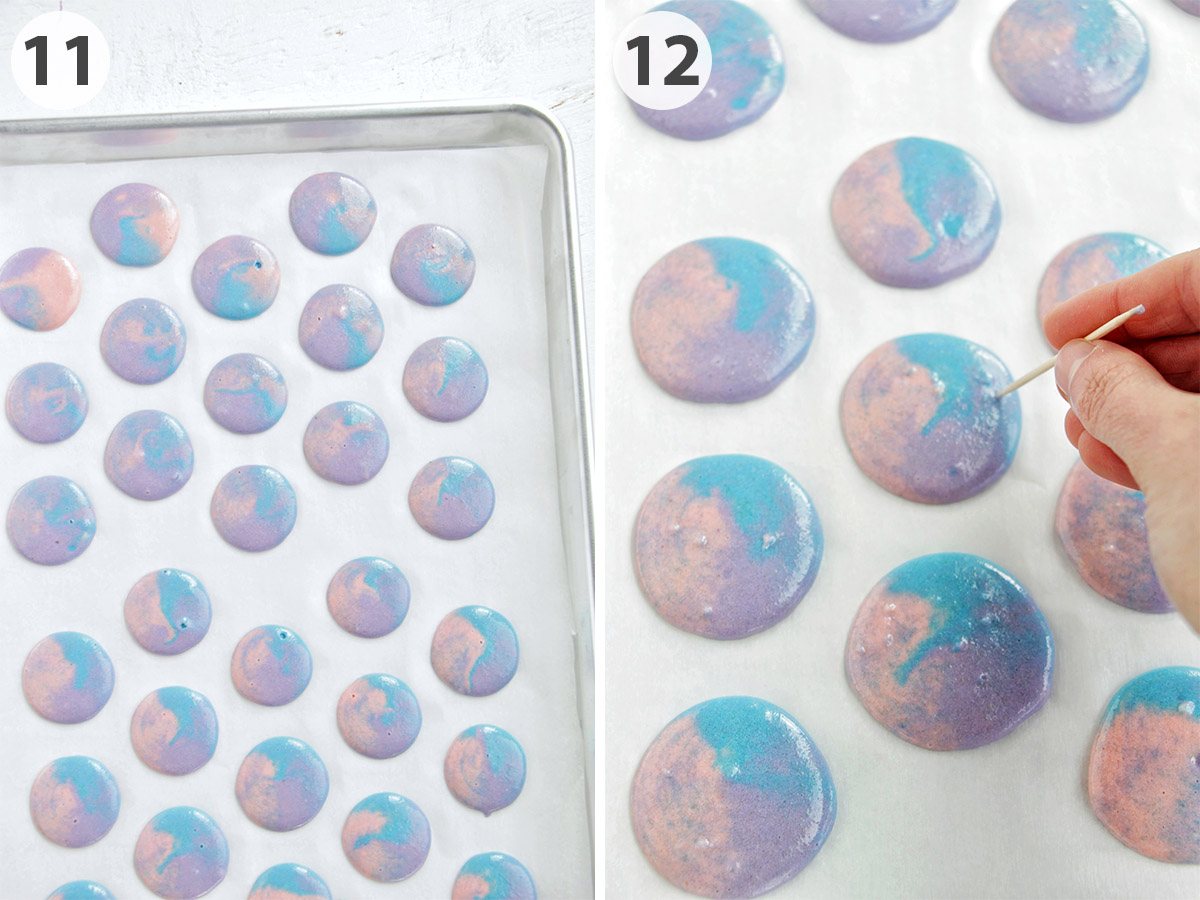 two numbered photo showing how to pipe macarons and pop air bubbles.