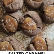 chocolate thumbprint cookies covered filled with salted caramel Pinterest pin.