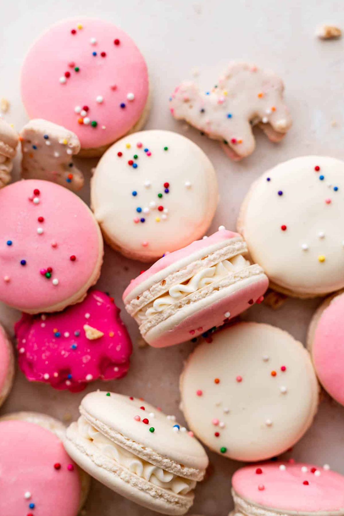 birthday macarons with pink and white tops garnished with sprinkles.