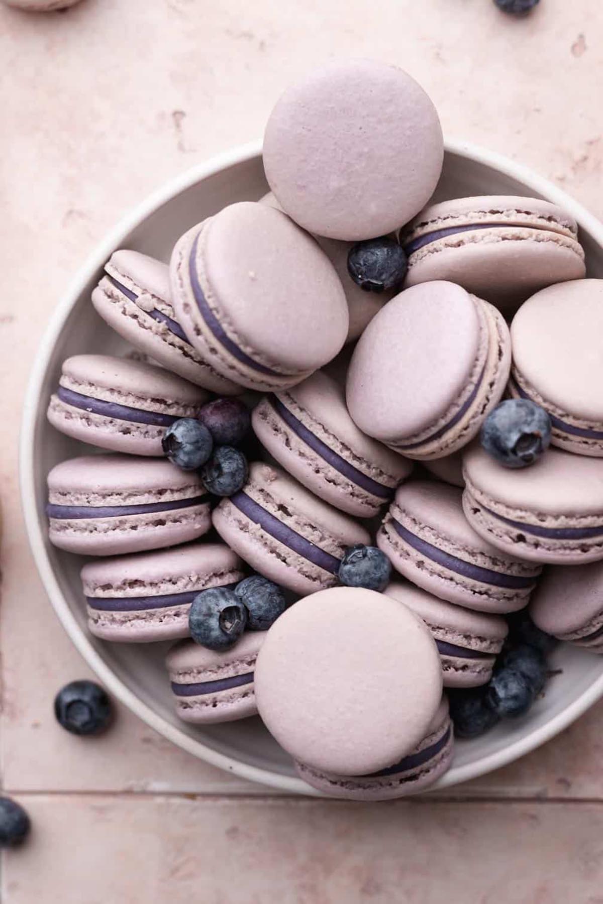 blueberry macarons sitting in a bowl.
