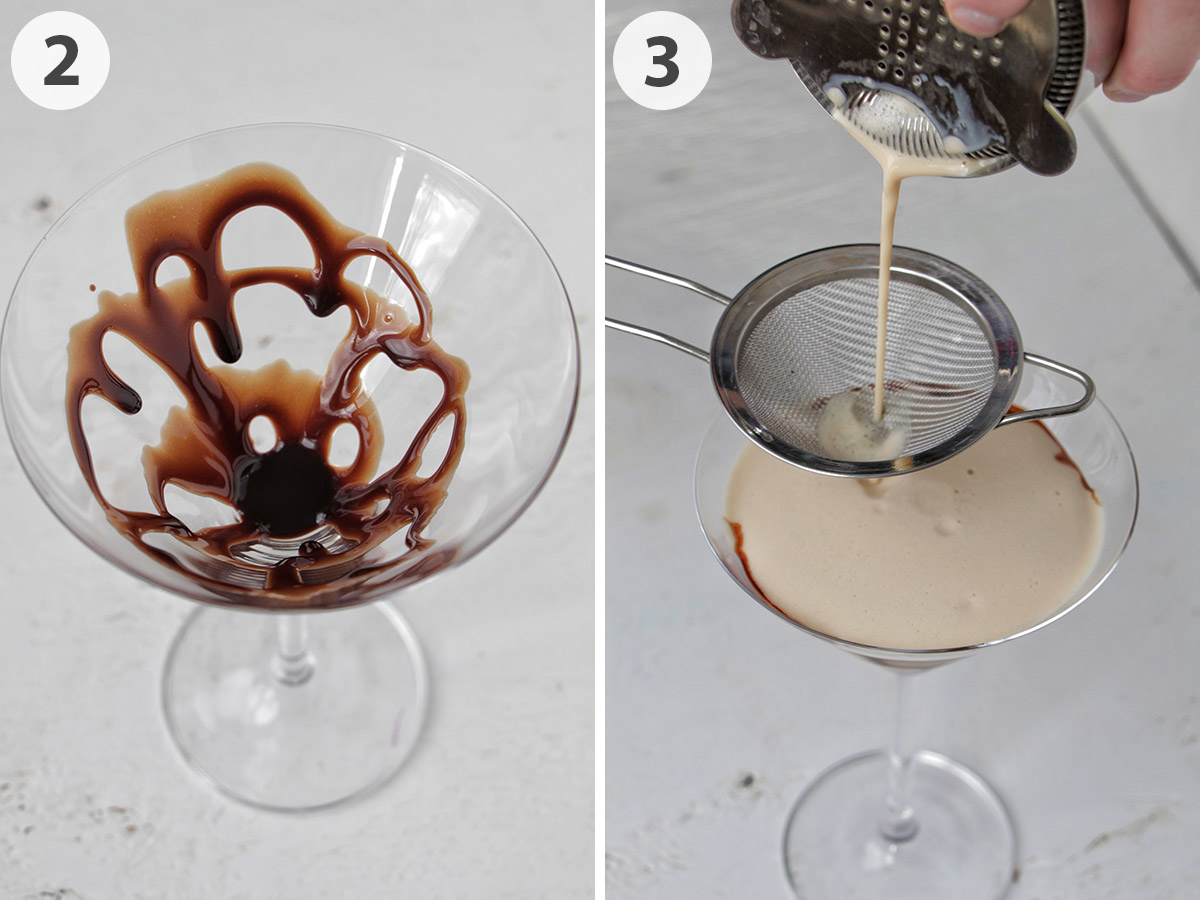 two numbered photos showing how to drizzle chocolate in a martini glass and strain chocolate martini.