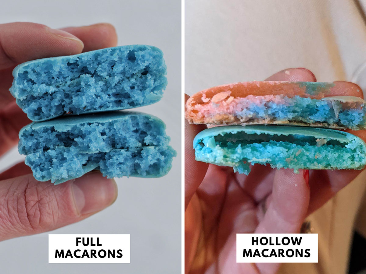labeled photo showing a full macaron next to a hollow macaron.