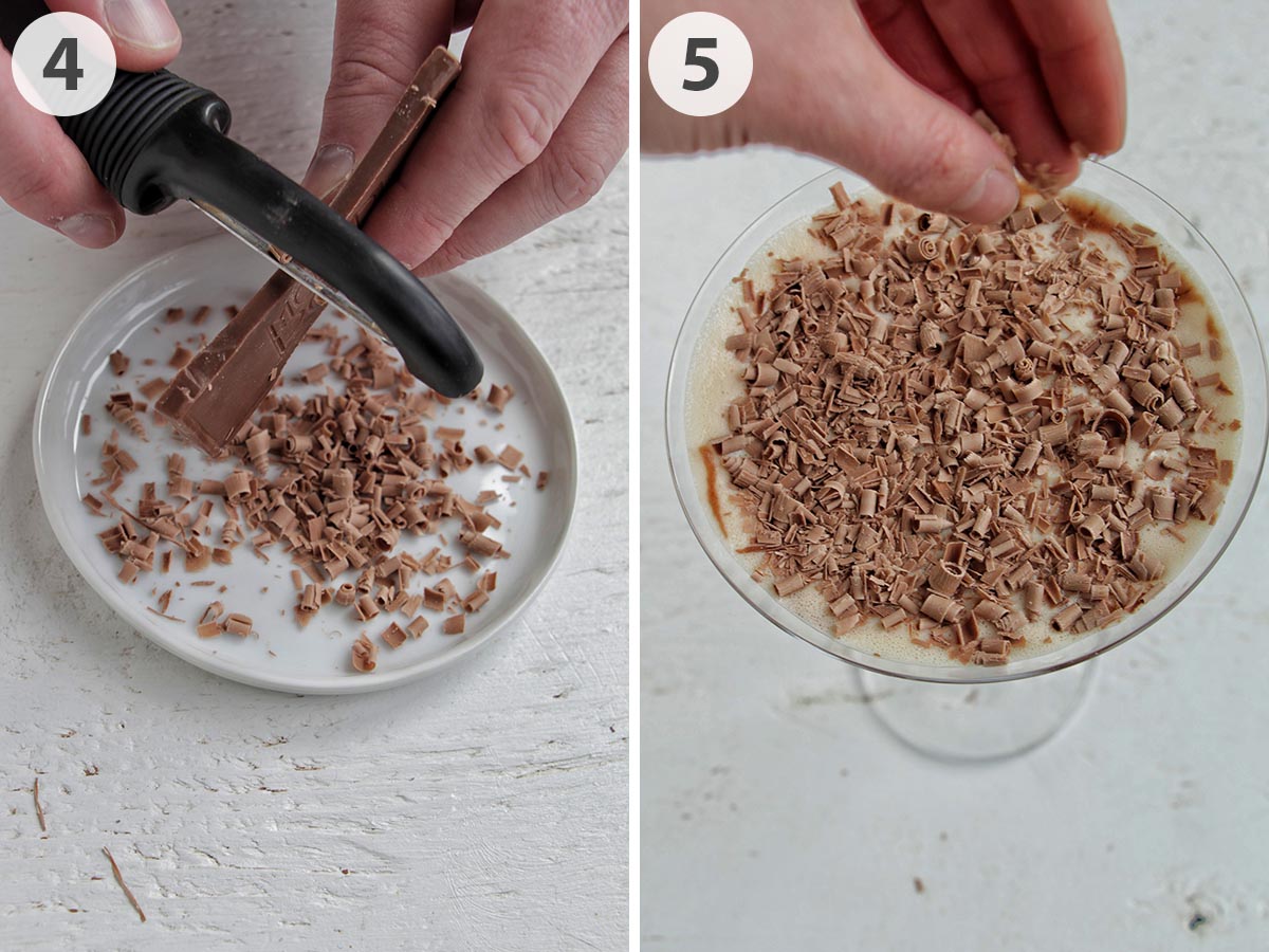 two numbered photos showing how to shave a chocolate bar and garnish a chocolate martini.