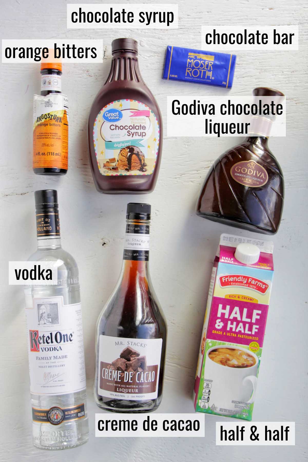 chocolate Godiva martini ingredients with labels.