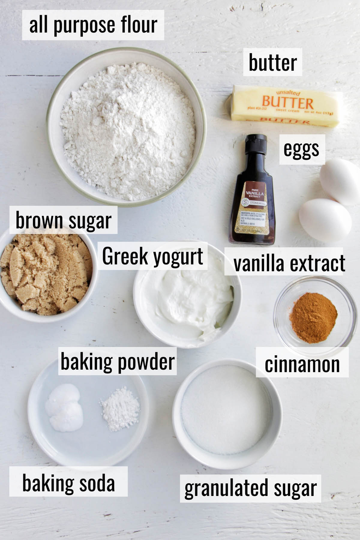 greek yogurt coffee cake ingredients with labels.